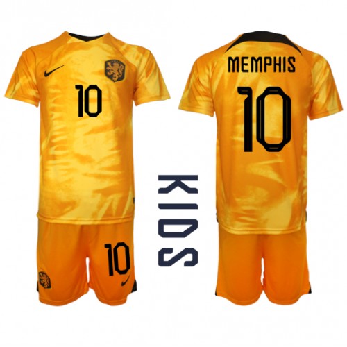 Echipament fotbal Olanda Memphis Depay #10 Tricou Acasa Mondial 2022 pentru copii maneca scurta (+ Pantaloni scurti)